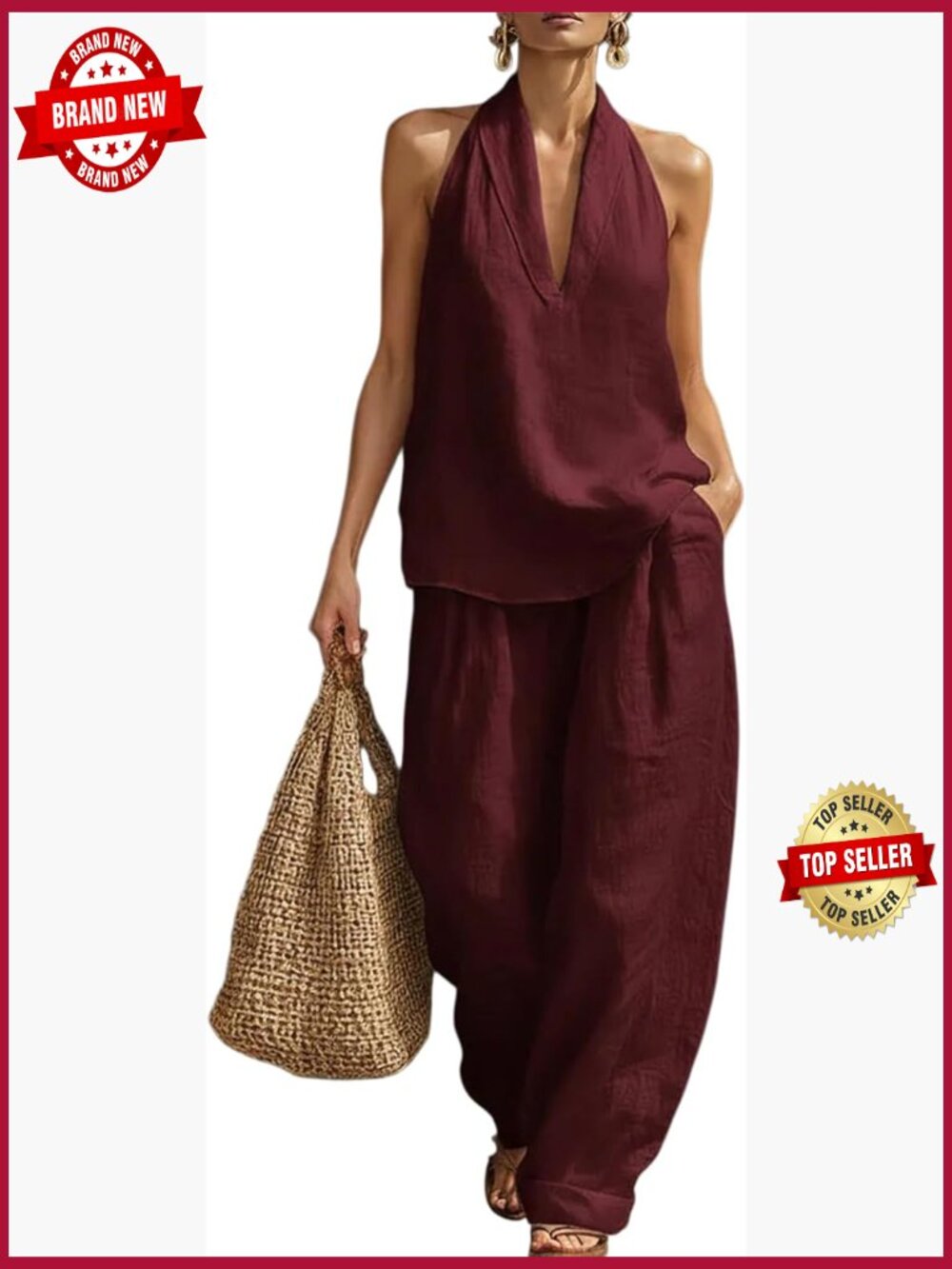 Sleeveless V Neck Halter Top Wide Leg Pants Summer Matching Lounge Set